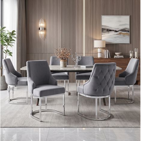 Set di 6 sedie da pranzo in velluto, schienale con trapuntatura 3D, gambe in metallo galvanizzato, grigio e argento (1/5)
