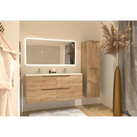 Meuble double vasque LUNA Bois Clair 140cm avec miroir Reflet (1/5)