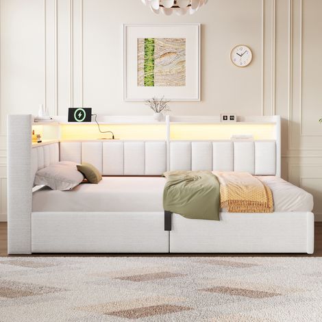 Lit Banquette 90x200 cm avec Coffre Hydraulique, LED, USB-C, Rangement Latéral Modulable Gauche/Droite, en Velours - Crème (Sans Matelas) (1/5)