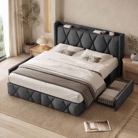 CHICFURN Cama 140x200 cm gris con USB, 4 cajones y almacenaje, sin colchón (1/5)