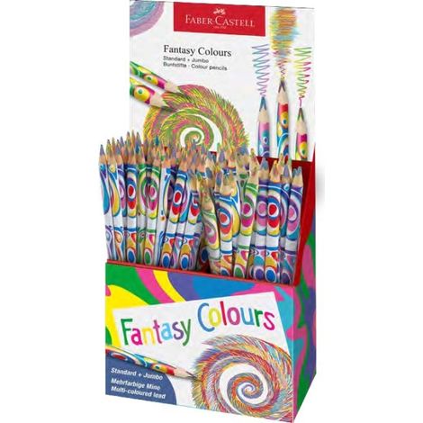 Faber-castell fantasia expositor con 84 lapices con mina multicolor - modelos standard y jumbo - cuerpo triangular decorado - madera de bosques sostenibles