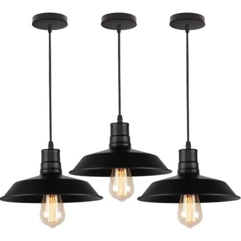 Lot de 3 E27 Lustre Suspension Industrielle - Ø 26cm Noir (1/4)
