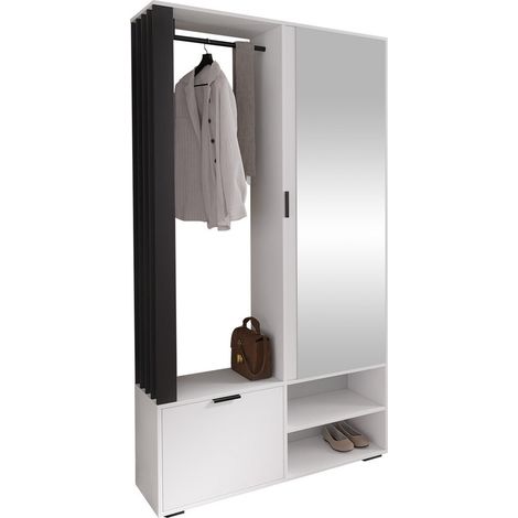 Mobilier1 – Meuble d'entrée Stanton 145 – Blanc et noir – Dimensions 190x100x33cm – Miroir intégré – Stratifié pour style moderne