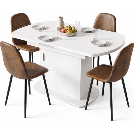 FurnitureR 5-Piece Dining Set, 110-130CM White Extendable Rectangular Table & 4 Brown Suede Chairs (1/5)
