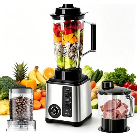 Blender 3 en 1 et machine à smoothies avec bol mélangeur de 3 l, hachoir à viande 2 l et moulin à café de 800 ml, 15 vitesses (1/5)