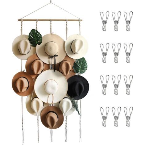 Support mural pour chapeaux avec 12 clips, rangement de chapeaux bohème, support décoratif pour chapeau Fedora Cowboy à large bord (155 x 80 cm) (1/5)