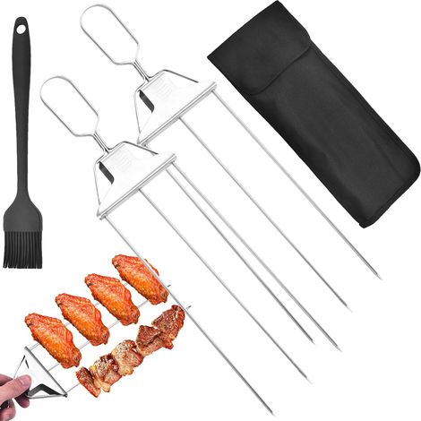 Spiedini a 3 punte, spiedini per barbecue per grigliate, spiedini in acciaio inossidabile con barra scorrevole scorrevole, accessori per barbecue per carne e verdure