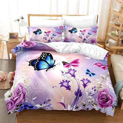 Bettwäsche-Set 200x200 cm mit Schmetterlingen und Blumen, Mikrofaser, 2 Kissenbezüge