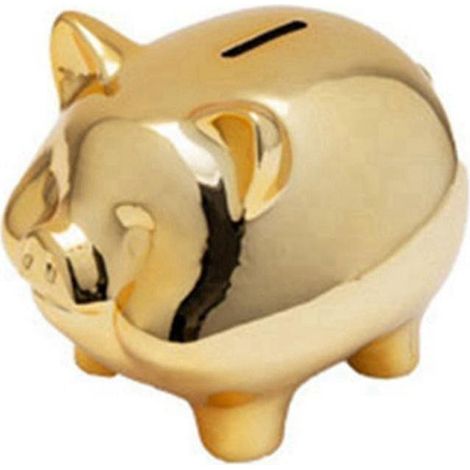 Goldenes Sparschwein, niedliches münzförmiges Sparschwein, Glücksschwein-Dekoration, origineller Wohnaccessoire (1/4)