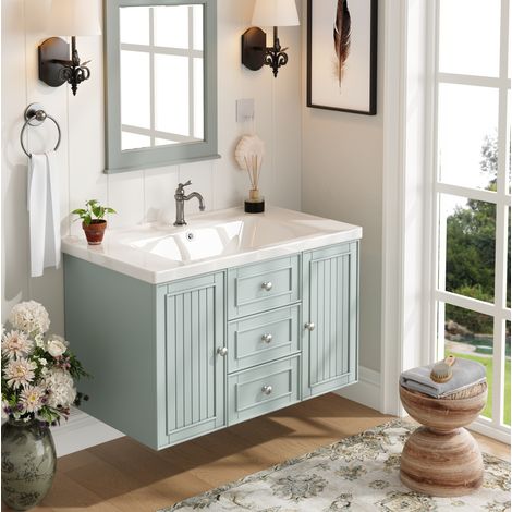 Mobile bagno sospeso 78,5x46x46,8 cm in MDF verde, con vano portaoggetti FloraGrace (1/5)