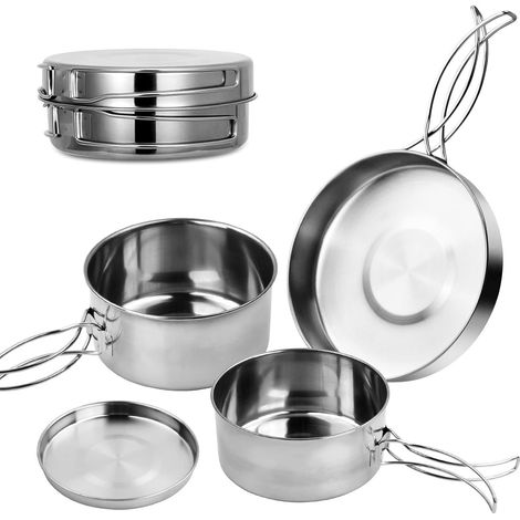 Kit de Casseroles Camping,4 Pièces Batterie de Cuisine Acier Inoxydable,Cuisine de Camping Pliable pour Outdoor Pique-Nique Camping Randonnée Sac à Dos,Portable et Léger,pour 1-2 Personnes (1/5)
