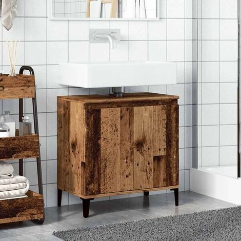 Meuble Vasque Rétro en Bois d'Ingénierie, 58x33x60 cm, Meuble-Lavabo Suspendu ou sur Pied avec Rangements, Style Vintage pour Salle de Bain (1/5)