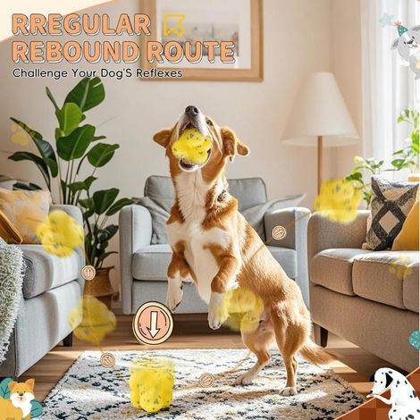 Balle indestructible pour chien jaune, jouet à mâcher élastique avec rebond aléatoire, jouet interactif durable pour entraînement et amusement (1/5)