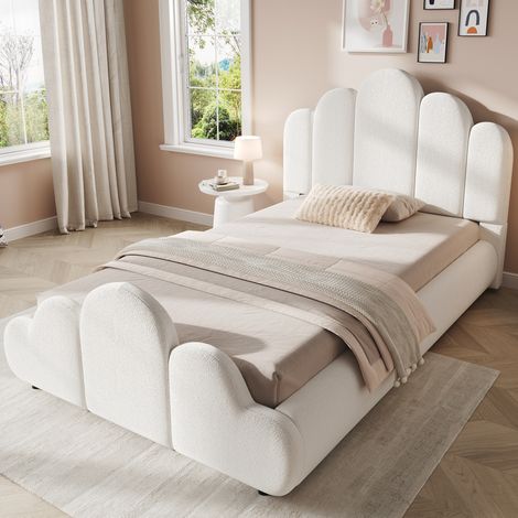 Cama infantil 90x200 cm en bouclé beige con diseño de nube y somier de láminas (1/5)