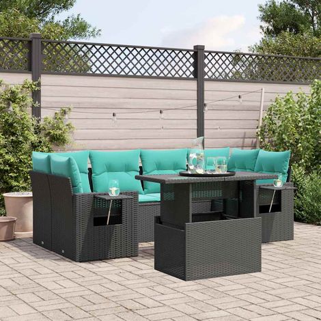 7-teiliges Gartensofa-Set mit Kissen, schwarzes Polyrattan (1/5)