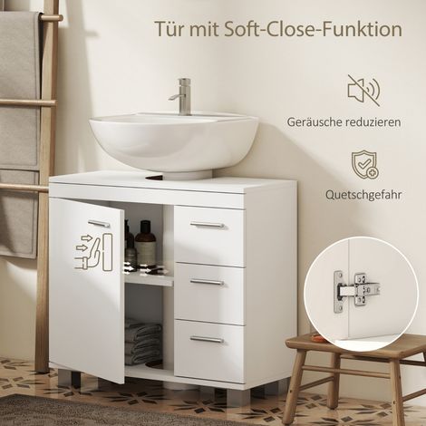 Meuble sous vasque blanc, 2 étagères, 3 tiroirs, structure en MDF, rangement salle de bain, armoire lavabo moderne, bois élégant. (1/5)