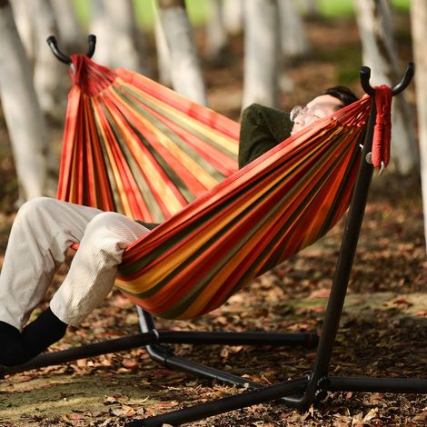 Outdoor hammock with metal frame - Adjustable height - Striped pattern - Red and white - For garden, patio (1/5)