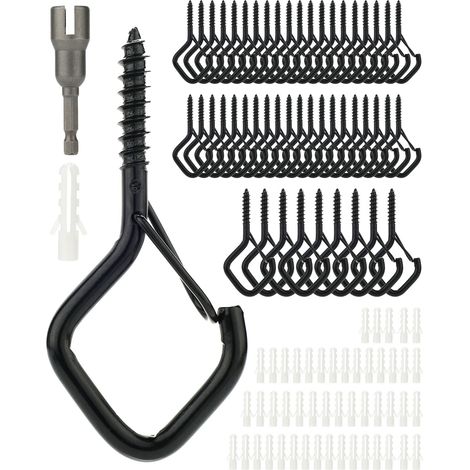 Lot de 50 crochets de suspension avec boucle de sécurité, crochets à vis coupe-vent pour suspendre des guirlandes lumineuses extérieures, crochets de plafond extérieurs pour suspendre des plantes, de (1/5)