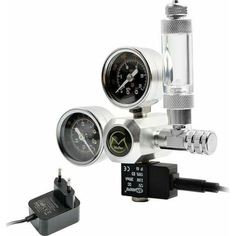 CO2-Regler für Aquarium mit 12V-Adapter, Druckminderer für Aquarium, Doppelmanometer inklusive Blasenzähler und Rückschlagventil, Schnittstelle W21,8