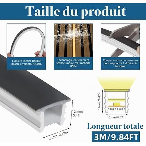 Profilé LED en silicone noir, 12 x 12 mm - Bande LED flexible - Diffuseur - Canal pour panneaux acoustiques - Étanche - Cache pour une répartition homogène de la lumière - Effet néon (1/4)