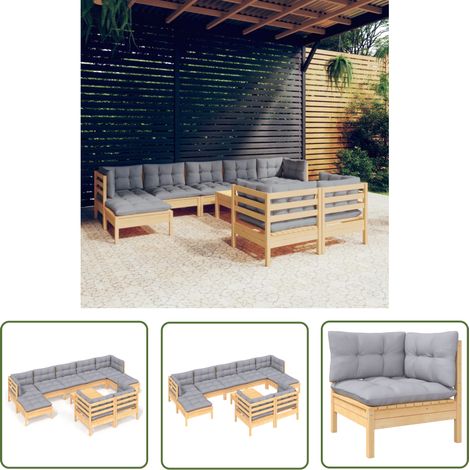 The Living Store Salon de jardin 10 pcs avec coussins gris bois de pin massif - Salon De Jardin - Mobilier De Jardin - Ensemble Salon De Patio - Meubles De Jardin - Bois De Pin (1/5)