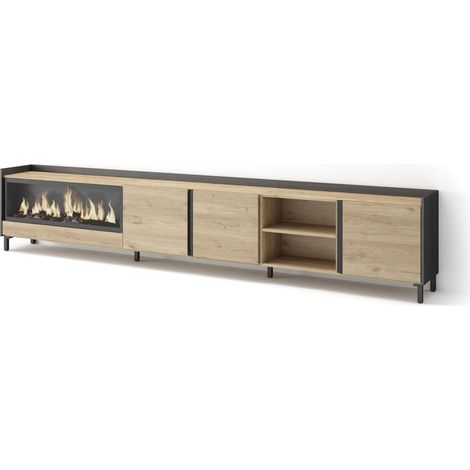 Skraut Home - Meuble TV, Banc Télé, Grand espace de Rangement, 315x35x61cm, Pour les TV jusqu'à 80", Cheminée électrique XXL, Design industriel, Style moderne, Chêne et noir (1/5)