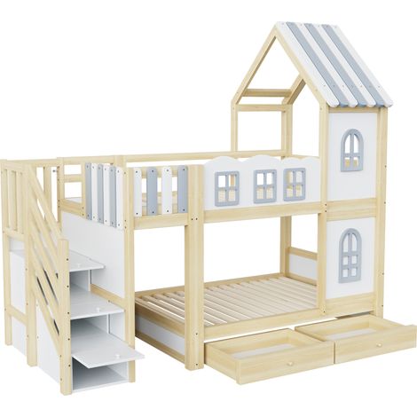 Letto a castello per bambini 90 x 200 cm in legno con tetto, contenitori e cassetti, bianco (1/5)