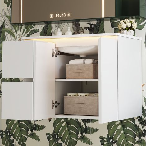 Wandmontierter Badezimmerwaschtisch (76x47x57 cm), mit integrierter LED Radarsensorbeleuchtung, Soft Close Scharnieren, Keramikbecken, MDF, Weiß (1/5)