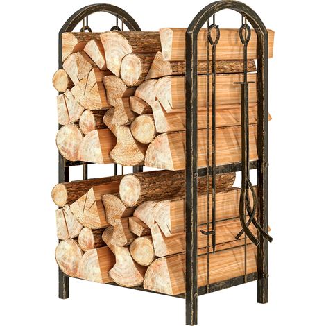 Kaminholzregal für innen 43 x 30 x 74cm 2 Ebenen Brennholzregal mit 4 Kaminwerkzeug, Haken (1/5)