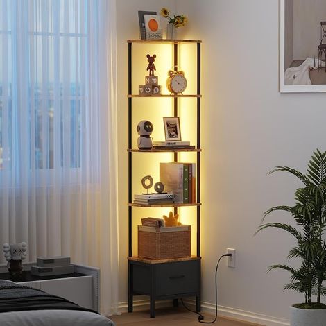 5 Tier Corner Shelf with LED and Drawer, Brown (1/5)