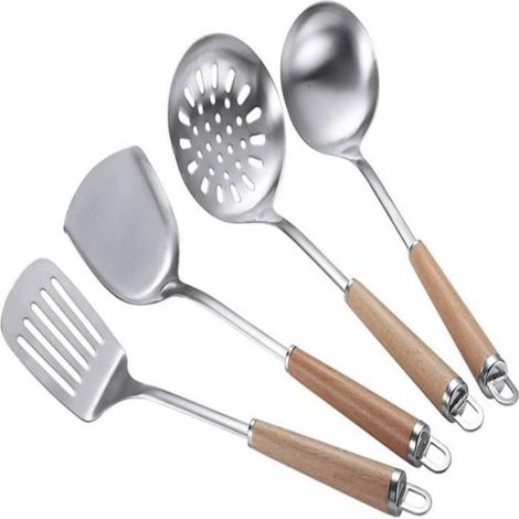 Spatule À Wok - Acier Inoxydable 304 - Manche En Hêtre - 36,5 Cm - Ajourée - 1 Pièce (1/5)