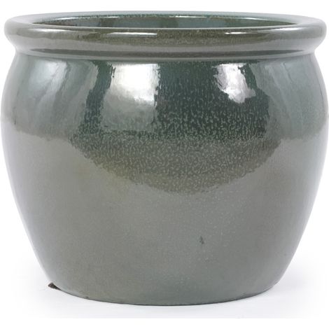 Pot de fleur en céramique artisanal Ø 23 cm, couleur bleu-vert antique brillant avec glaçure naturelle, trou de drainage, pour intérieur et extérieur (1/5)