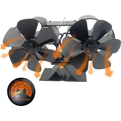Ventilateur de poêle à bois alimenté par la chaleur, double moteur silencieux, 4 pales, ventilateur de cheminée non électrique activé par la chaleur avec support et thermomètre magnétique, parfait po (1/5)