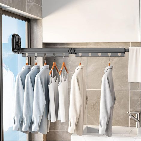 Clothes Airer, Retractable Clothes Airer, Wall Mounted, with Suction Cup, Retractable Foldable Clothes Airer with Hooks and Towel Rack for Balcony, Laundry, Bathroom, Bedroom (Dark Grey, 2 Compartment (1/5)