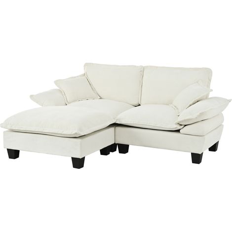 Divano angolare modulare beige in ciniglia con 1 pouf mobile e 2 cuscini (1/5)