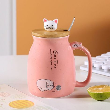 Tasse de chat,Tasse à café en céramique mignonne avec Lovely Kitty couvercle en Cuillère en acier inoxydable, 380ML (1/4)