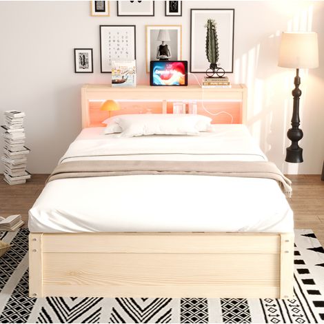 Letto multifunzione 220x95x70 cm, con presa integrata, luce LED, contenitore idraulico, MDF, colore legno (1/5)