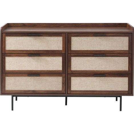 Calicosy – Commode enfant 6 tiroirs décor noyer – Façades en tissu beige – Dimensions L120 x P39,5 x H79 cm – Poignées et pieds métal noir