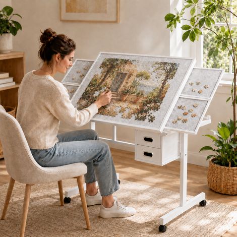 Table puzzle 1000 pièces avec 4 plateaux et 2 tiroirs, blanche, solution polyvalente