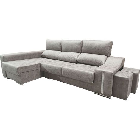Sofá Chaise Longue Oscar Izquierda 3 Plazas, Arcón, 2 Puffs, Asientos Extensibles Gris Cemento 263 cm