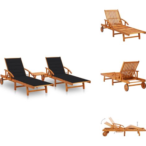 Chaises longues lot de 2 avec table et coussins Acacia solide - Chaise Longue - Mobilier De Jardin - Transats - Salon De Jardin - Meubles De Jardin (1/5)