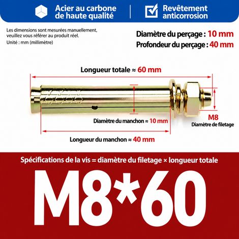Goujon d'ancrage cheville métallique M8x60 mm perçage 10 mm lot de 50 m8 60 50 pièces 1 kg – Livraison gratuite