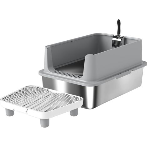 Lettiera XL per gatti 60,2 x 40,2 x 29,6 cm pareti alte 14,5 cm pedale filtrante elegante in acciaio inox grigio 210007810