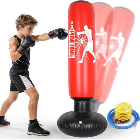 Sac de frappe pour enfants de 6 à 12 ans, 160 cm, gonflable, sur pied, pour enfants, cadeaux pour garçons et filles, pour pratiquer le karaté, le taekwondo et le MMA (1/5)