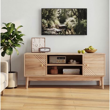 Mueble TV 110x40x48 cm roble en MDF con puertas de rejilla y gestión de cables (1/5)