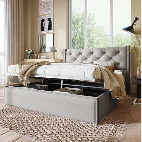 DESVIAE Lit double capitonné avec rangement 140 x 200 cm tête de lit rembourrée sommier relevable coffre de rangement coton gris clair (1/5)