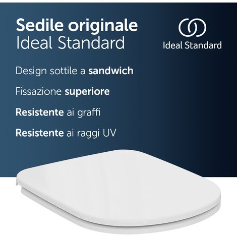Ideal Standard i.life A Sedile WC, Forma a D, Sedile del water resistente, incluso set di cerniere per una facile installazione, in robusto duroplast – Bianco (365x445x40 mm)