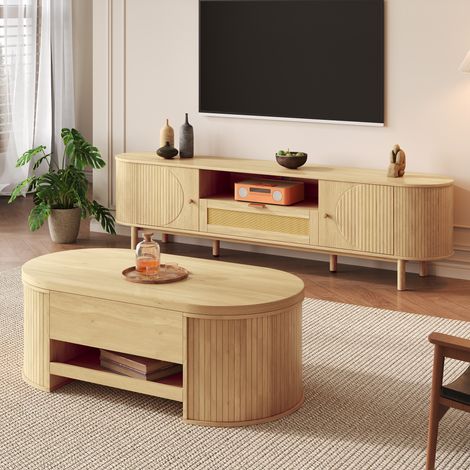 Meuble de salon 2 pièces, table basse + meuble TV, avec rangement, design à bords arrondis, MDF, naturel (1/5)