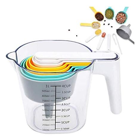 Lot de 9 Cuillères Doseuses et Tasses à Mesurer en Plastique,Doseurs de Cuisine avec 1 Tasse à Mesurer,6 Cuillères Doseuses et 1 Entonnoir Cuisine pour Ingrédients Secs et Liquides (1/5)
