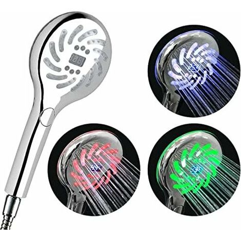 pommeau de douche LED Couleurs Changeantes Tête de Douche avec LCD Affichag de Température Digital Douchettes de salle de bain Chromé Douche à Main Grand 3 Modes Douche (G1/2 pouces, 12,6 cm) (1/5)